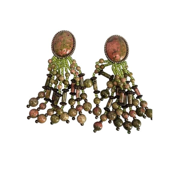 unbranded Jewelry - Vintage Unakite Stone Clip-On Earrings Dangling Beaded Tassel Multicolor